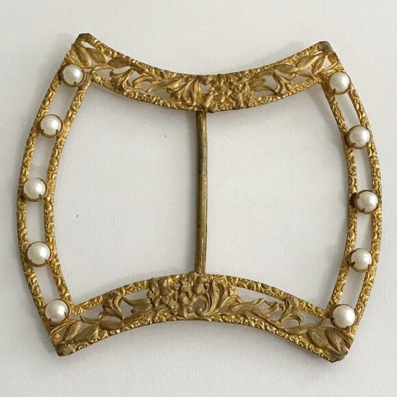 Vintage Ornate Filigree Pearl Gold Gilt Victorian Sash Belt Buckle Large Estate - Picture 4 of 14